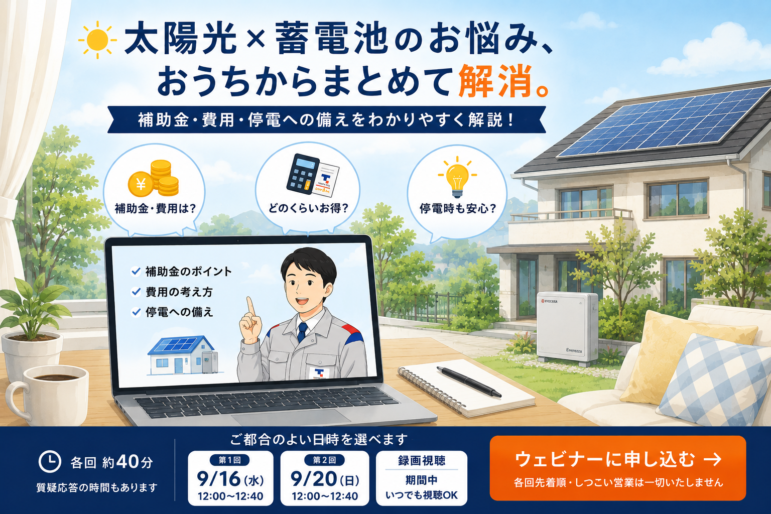 太陽光×蓄電池のお悩み、おうちからまとめて解消。補助金・費用・停電への備えをわかりやすく解説！